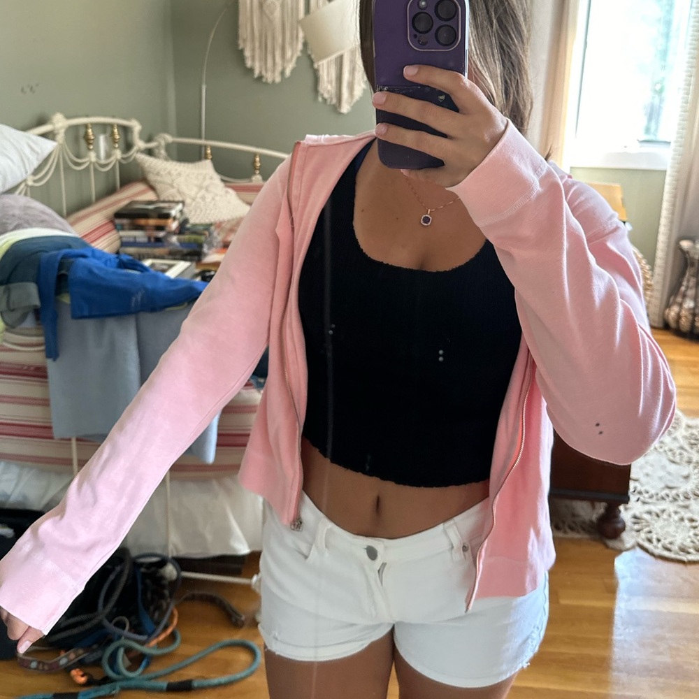 Pink Zip Up Hoodie with Pink Stripes on Side (2)